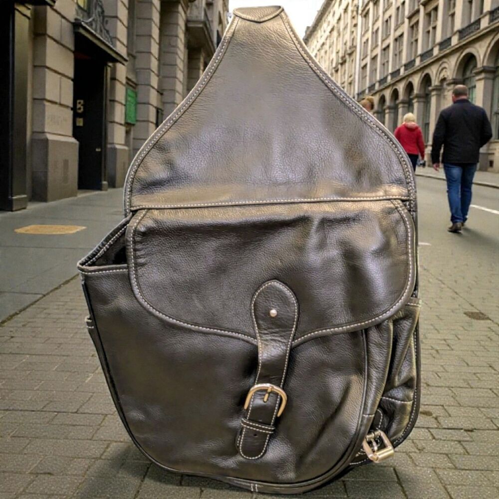 Levenger Black Leather Backpack Day Shoulder Bag Sling Swing Pack UNISEX